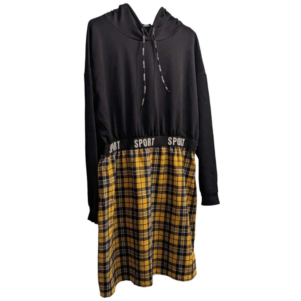 💥 SHEIN Curve Long Sleeve Black & Yellow Plaid Hooded Sport Dress 2XL